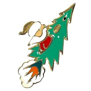 Edgar Berebi Santa Claus Rocket Christmas Tree Vtg Gold Enamel Pin Brooch 90s